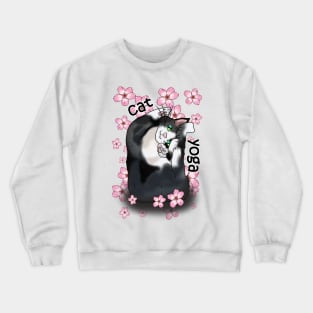 Cute cartoon black and white cat yoga pose in pink flowers Crewneck Sweatshirt